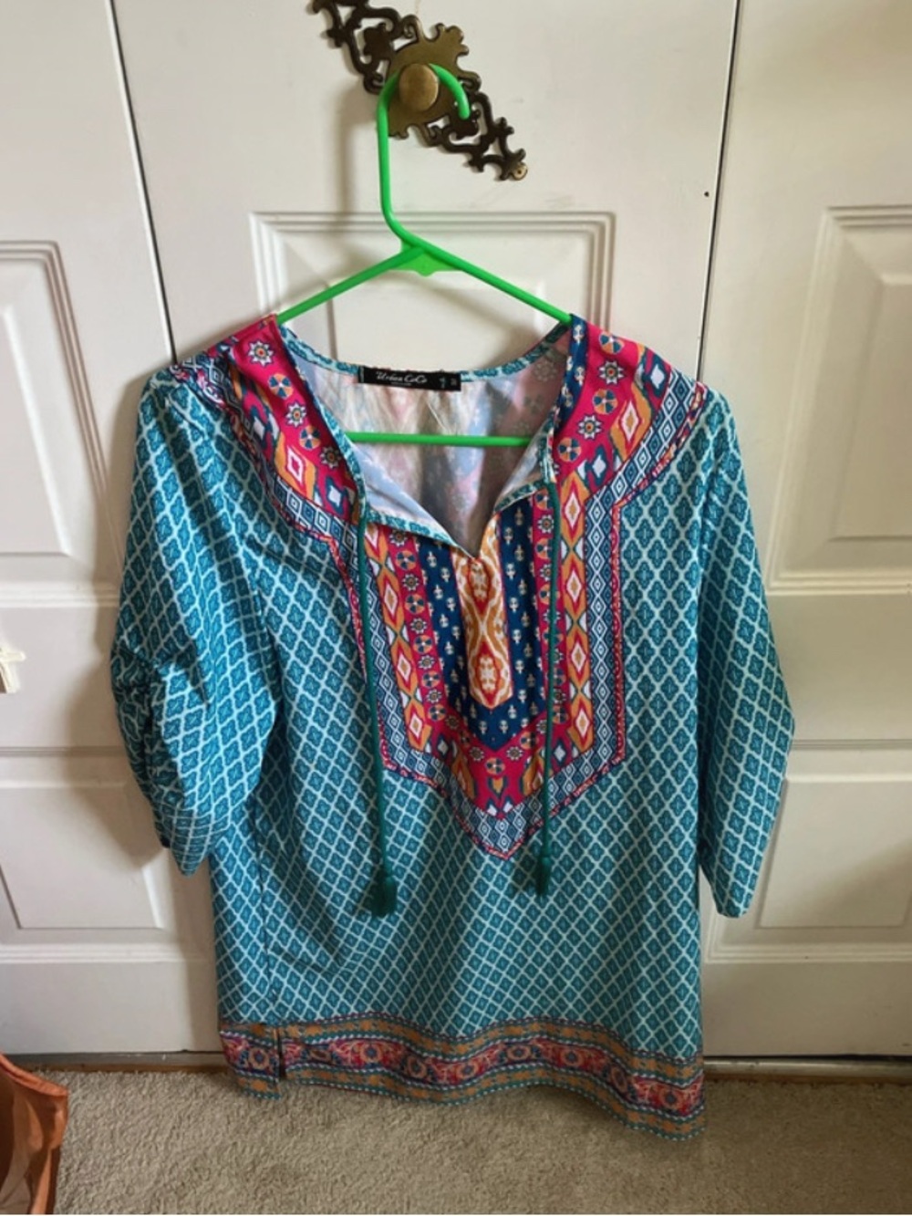 Turquoise Patterned Women's Tunic with Pink Accents